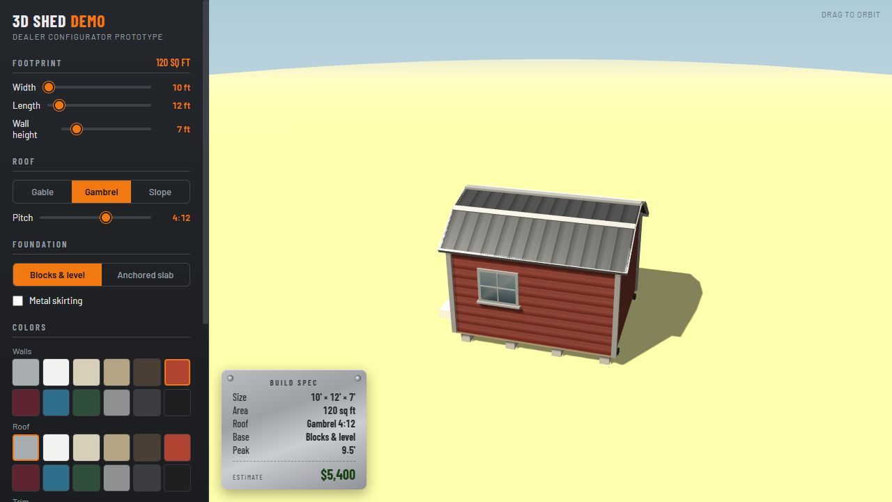 Representative interactive shed configurator with footprint and roof controls beside a red shed preview