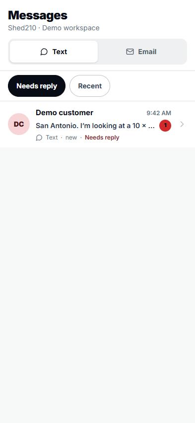 FrontierPixel CRM Messages inbox with Text and Email tabs, Needs reply and Recent filters, and an example customer conversation.