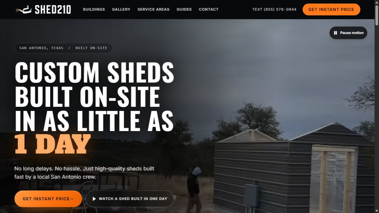 The real Shed 210 homepage with the offer Custom Sheds Built On-Site in as Little as 1 Day and a link to its quote tool